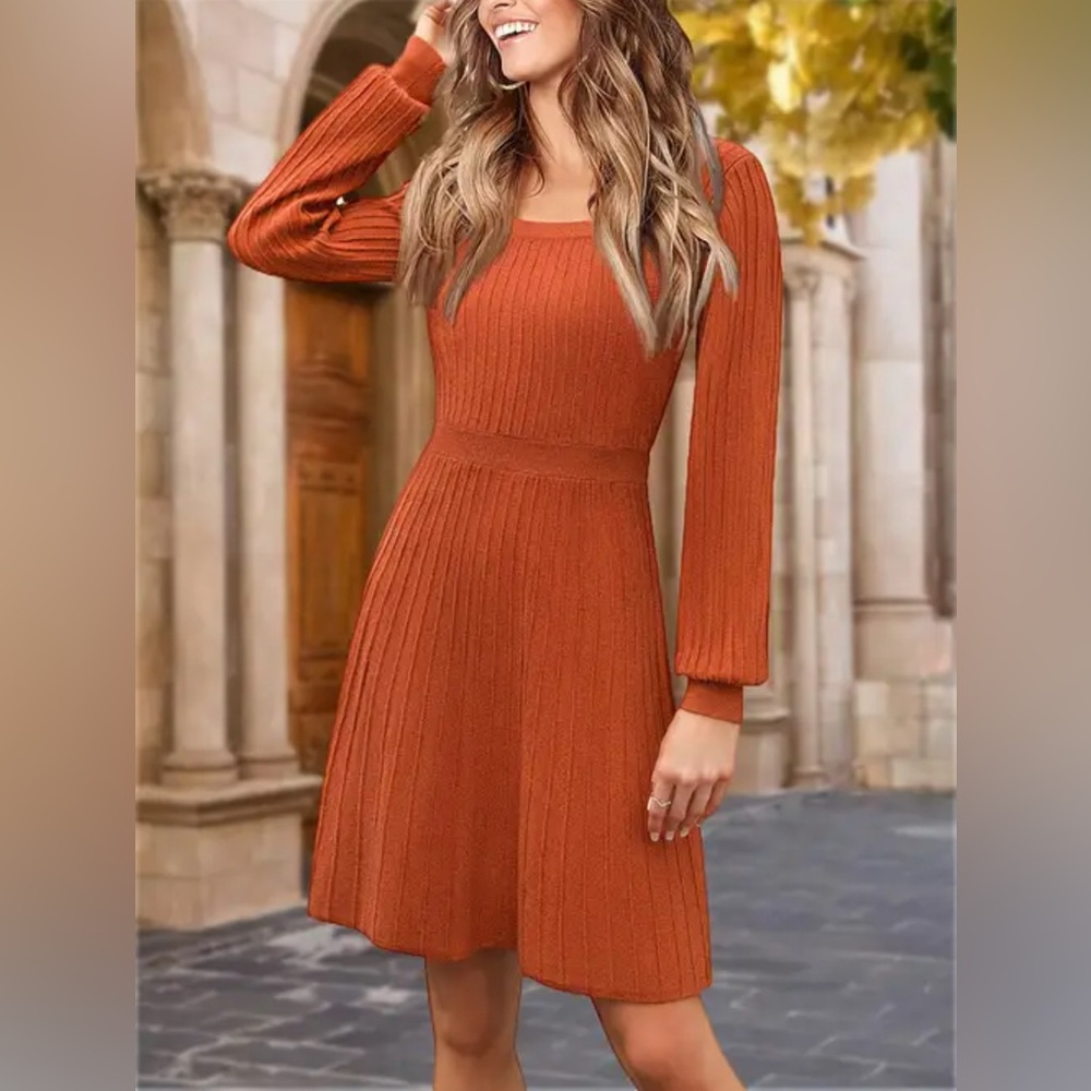 Elegant Orange Ribbed Knit Dress